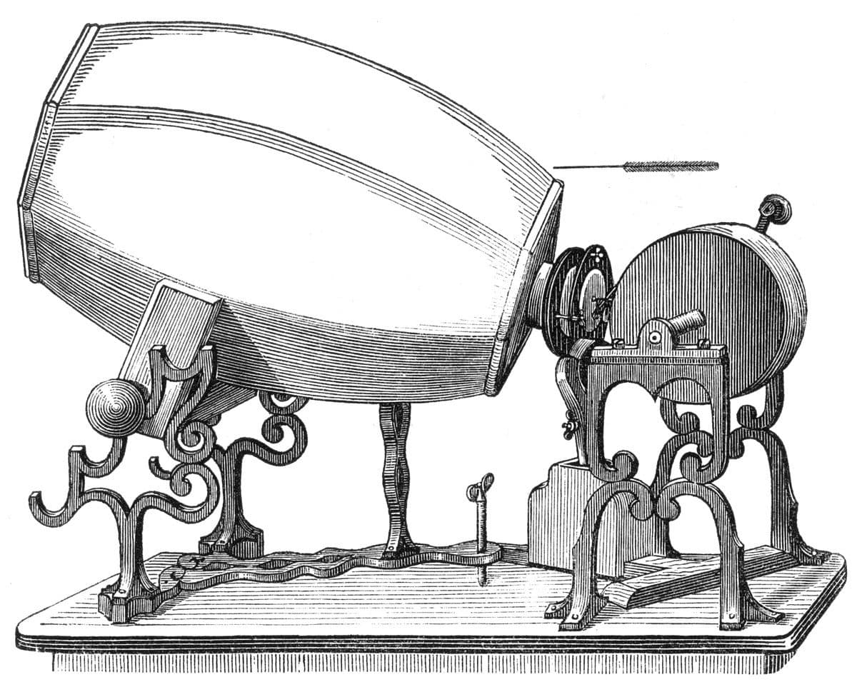 Engraving of Scott de Martinville’s phonautograph, a large horn feeding a stylus that traces sound onto a drum